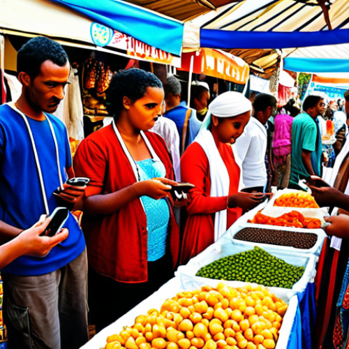 ** A vibrant Eritrean marketplace scene bustling with activity. Focus on individuals using smartphones to check market prices and connect with family, highlighting the transformative power of mobile communication. Include bright colors and traditional Eritrean clothing.

**