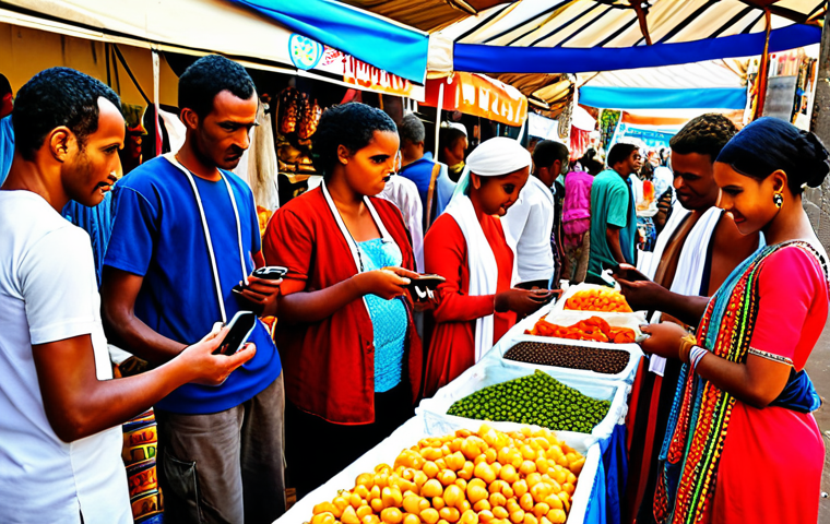 ** A vibrant Eritrean marketplace scene bustling with activity. Focus on individuals using smartphones to check market prices and connect with family, highlighting the transformative power of mobile communication. Include bright colors and traditional Eritrean clothing.

**