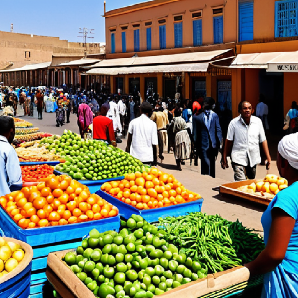 Eritrea's Economic Potential**
"A bustling marketplace in Asmara, Eritrea, showcasing local crafts and produce. Fully clothed Eritrean people are engaged in trade. In the background, the modern architecture of Asmara blends with traditional buildings. Bright, sunny day. Safe for work, appropriate content, professional photography, perfect anatomy, correct proportions, natural pose, fully clothed, modest clothing, family-friendly."
**