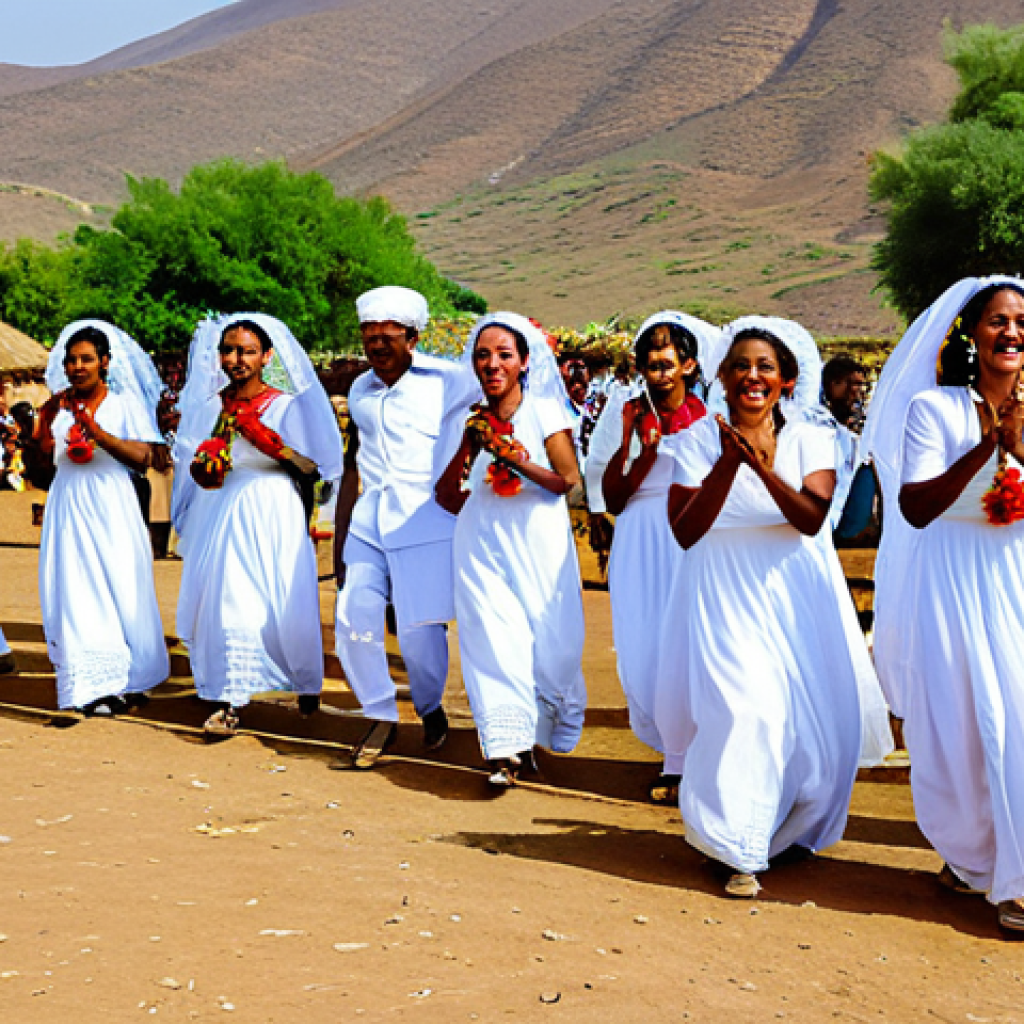 에리트레아의 노래 이야기 - Traditional Eritrean Wedding**
"A vibrant Eritrean wedding celebration in a rural village setting, ...