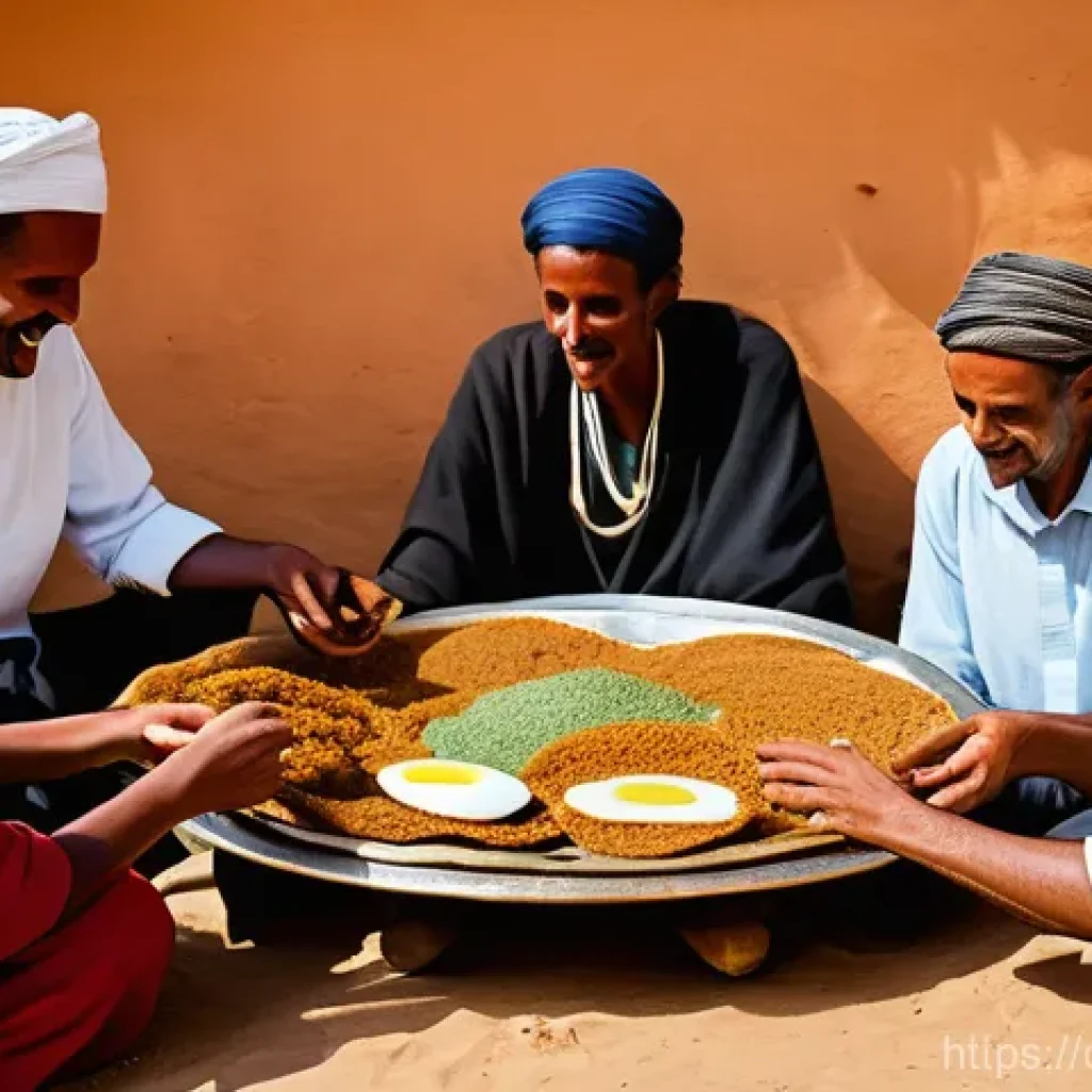 에리트레아의 명절 음식 - "A vibrant and cozy scene featuring a diverse group of people, modestly dressed, gathered around a l...