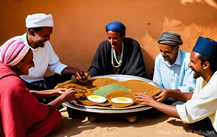 에리트레아의 명절 음식 - "A vibrant and cozy scene featuring a diverse group of people, modestly dressed, gathered around a l...