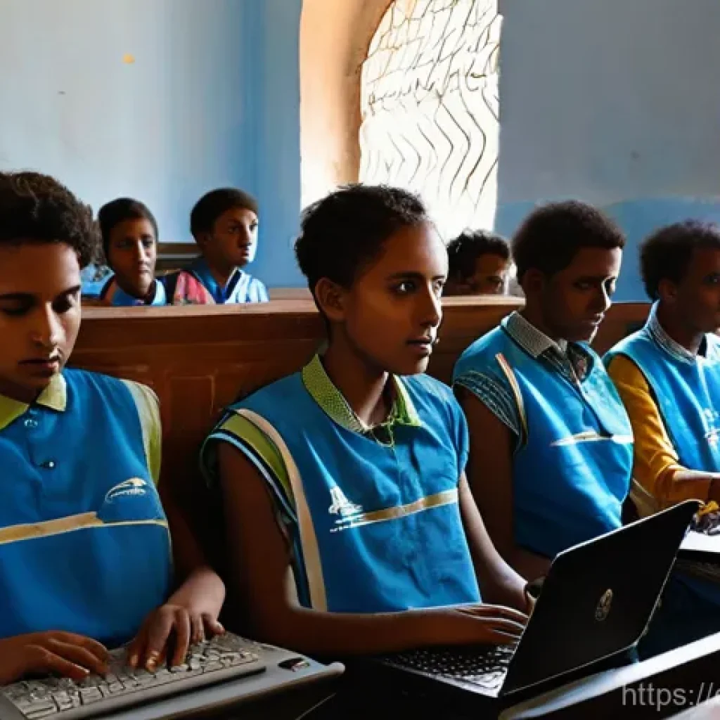 에리트레아와 IT 산업 - **Prompt:** "A bustling, sunlit community internet café in a vibrant district of Asmara, Eritrea. A ...