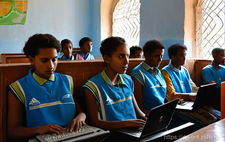 에리트레아와 IT 산업 - **Prompt:** "A bustling, sunlit community internet café in a vibrant district of Asmara, Eritrea. A ...