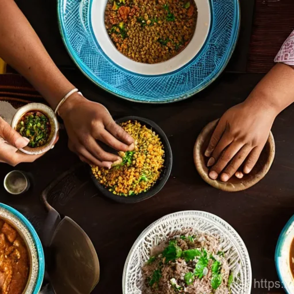 에리트레아의 식습관 - **Communal Eritrean Feast:**
"A vibrant, eye-level shot of a diverse group of friends or a famil...