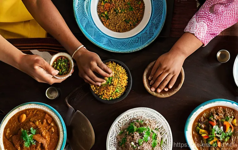 에리트레아의 식습관 - **Communal Eritrean Feast:**
"A vibrant, eye-level shot of a diverse group of friends or a famil...