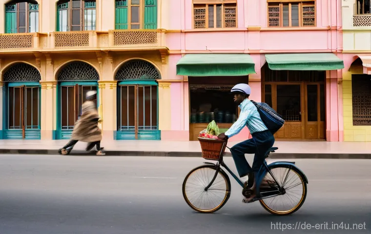 에리트레아 자전거 여행 - **Prompt 1: Asmara's Architectural Splendor on Two Wheels**
"A vibrant, wide-angle shot of a cyc...