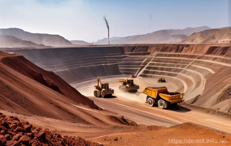 에리트레아의 주요 무역 상품 - A wide-angle shot of a modern open-pit mining operation in the arid, rugged landscape of Eritrea. In...