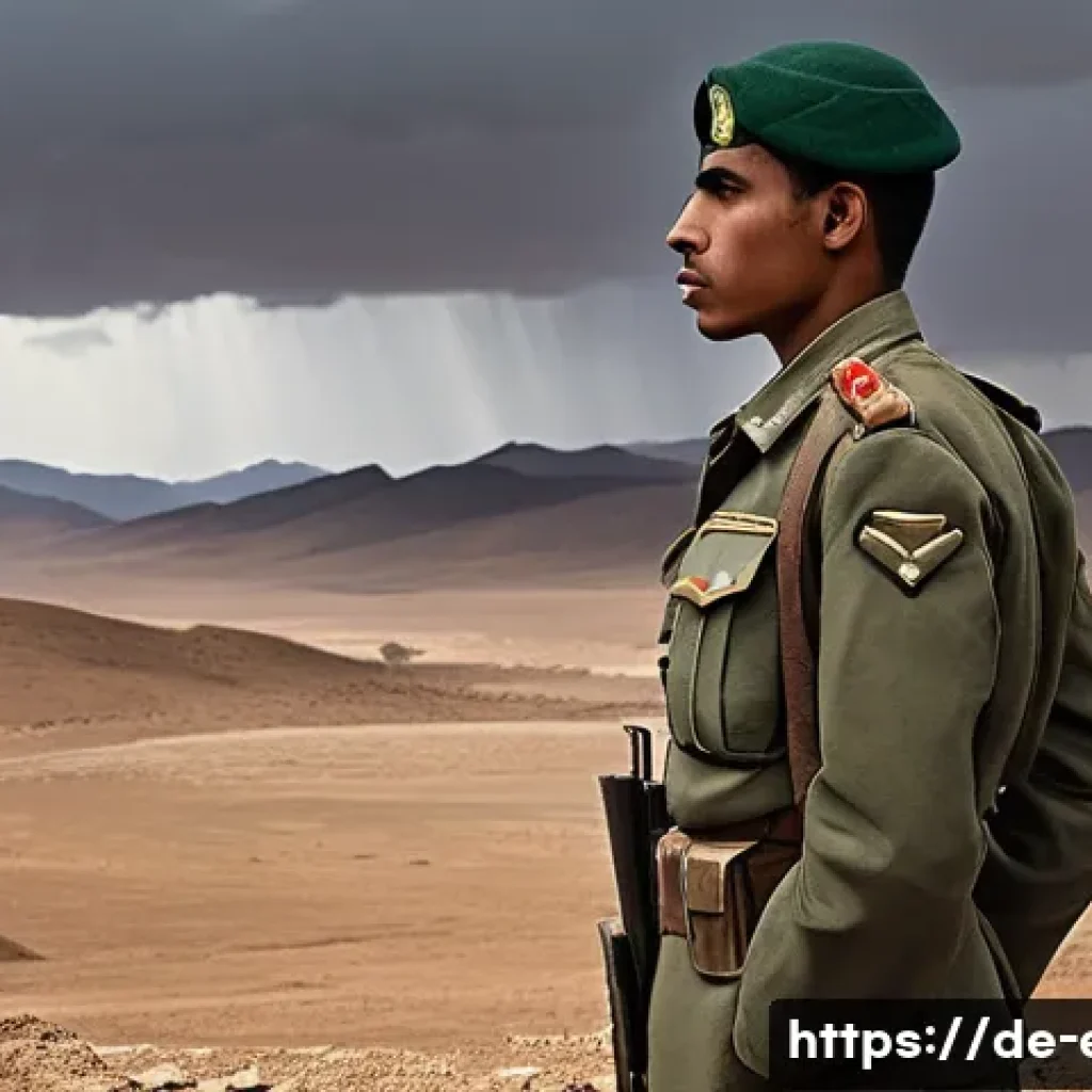 에리트레아 정치 체제 - **Prompt:** A solemn young Eritrean soldier, male or female, stands near a humble, weathered border ...