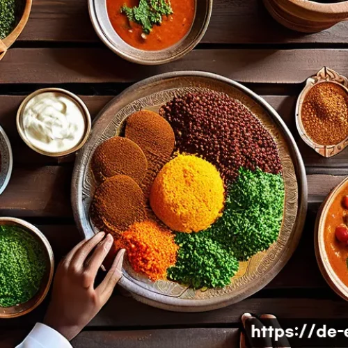 Home 33 에리트레아 전통 요리 - A vibrant Eritrean family meal scene set outdoors, featuring a large traditional platter of Injera t...