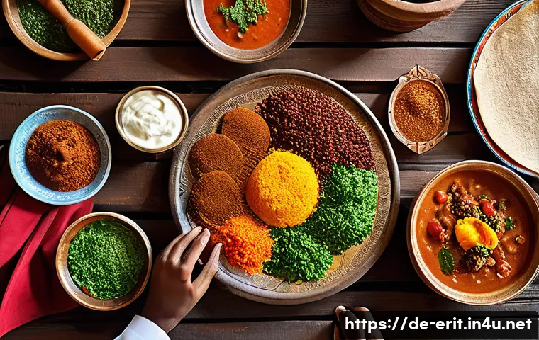 에리트레아 전통 요리 - A vibrant Eritrean family meal scene set outdoors, featuring a large traditional platter of Injera t...