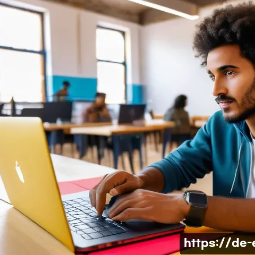 에리트레아의 비즈니스 환경 - A vibrant young Eritrean entrepreneur in modern casual clothing, working on a sleek laptop at a brig...