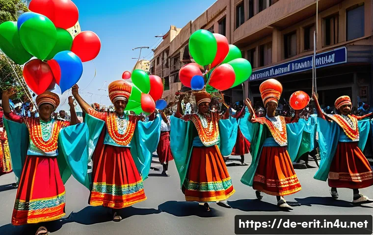 에리트레아 독립 기념일 - A vibrant Eritrean Independence Day parade scene in a bustling city street during daytime, featuring...