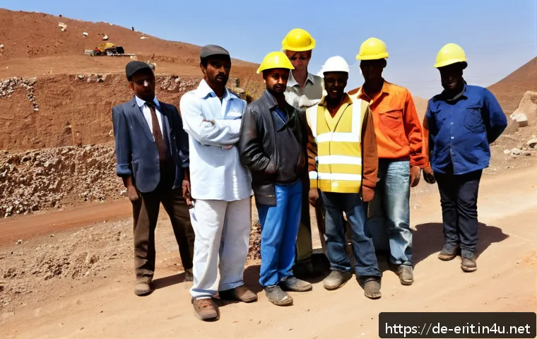 에리트레아 금광 개발 - A vibrant scene of a gold mining community in Eritrea, showing a diverse group of local workers wear...