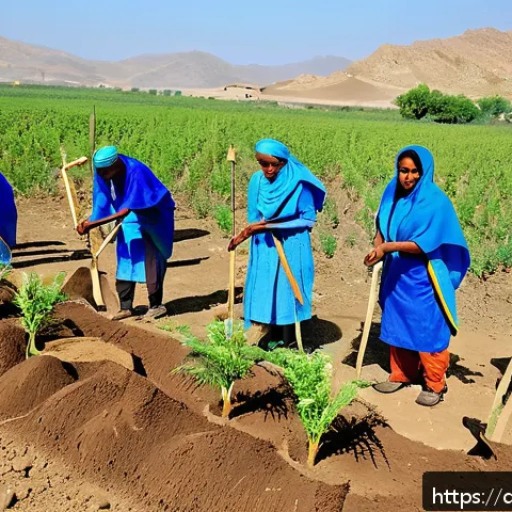 에리트레아에서의 지속 가능성 노력 - A vibrant rural Eritrean community actively engaged in a tree planting event on dry, arid land, with...