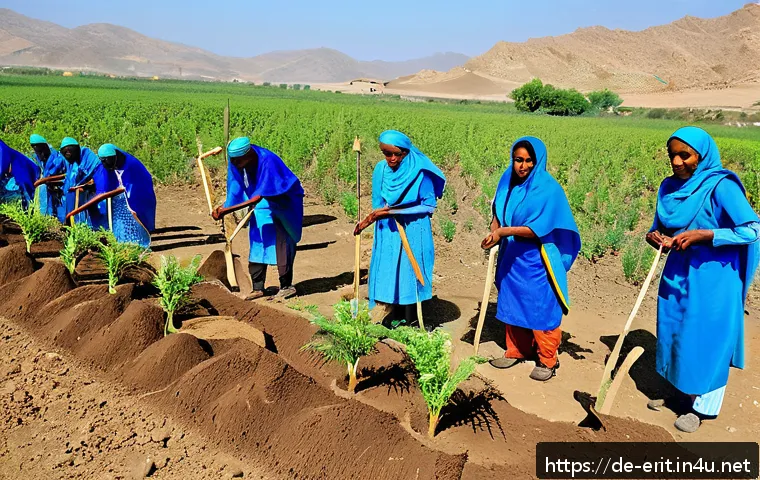 에리트레아에서의 지속 가능성 노력 - A vibrant rural Eritrean community actively engaged in a tree planting event on dry, arid land, with...