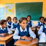Home 22 에리트레아 어린이 복지 - A vibrant rural Eritrean village school scene showing children wearing modest school uniforms sittin...
