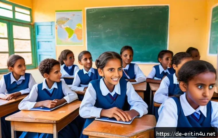 에리트레아 어린이 복지 - A vibrant rural Eritrean village school scene showing children wearing modest school uniforms sittin...