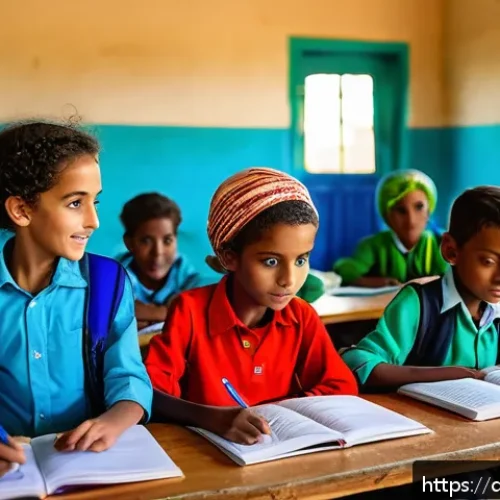 Home 31 에리트레아 NGO 활동 - A vibrant rural school scene in Eritrea showing children in colorful, modest clothing attending clas...