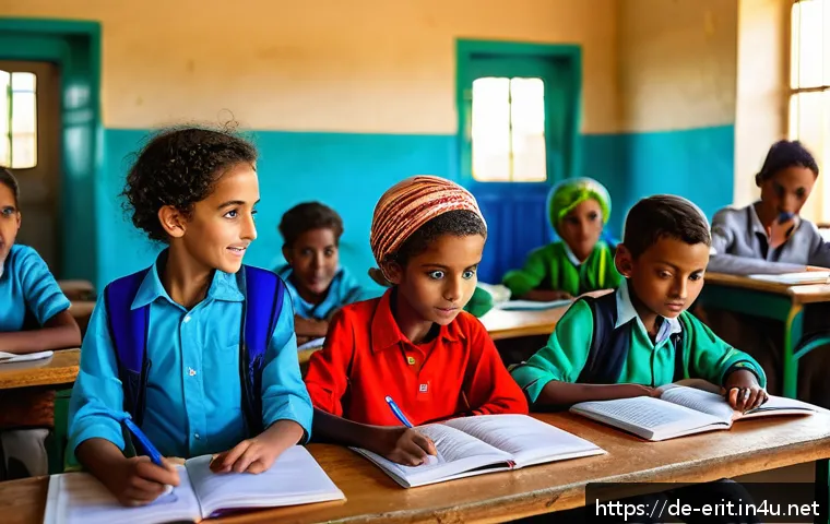에리트레아 NGO 활동 - A vibrant rural school scene in Eritrea showing children in colorful, modest clothing attending clas...