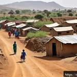 Home 18 에리트레아 빈민 지역 - A detailed scene of an informal settlement on the outskirts of a city in Eritrea, showcasing simple ...