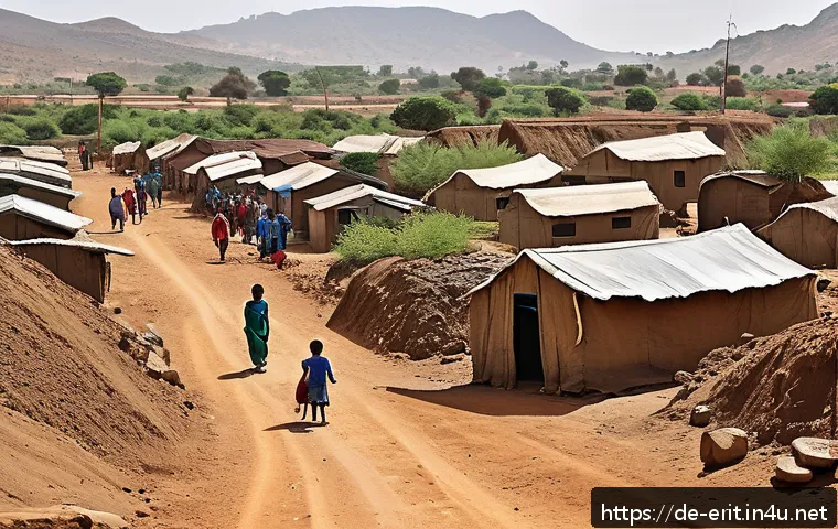 에리트레아 빈민 지역 - A detailed scene of an informal settlement on the outskirts of a city in Eritrea, showcasing simple ...