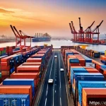Home 23 에리트레아와 주변국의 외교 관계 - A vibrant East African port scene at sunrise, showing modernized harbor infrastructure with cargo sh...