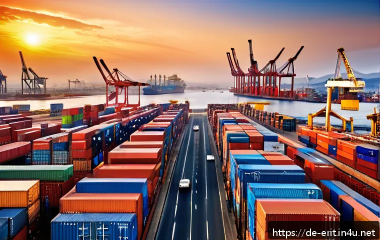 에리트레아와 주변국의 외교 관계 - A vibrant East African port scene at sunrise, showing modernized harbor infrastructure with cargo sh...