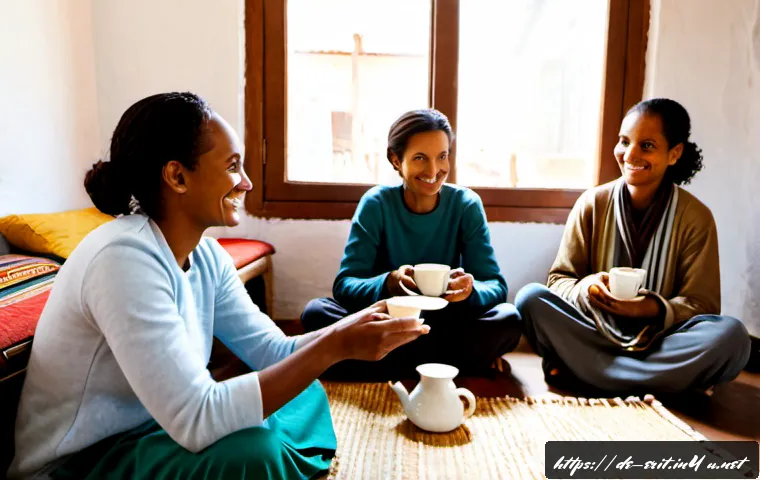 Home 17 에리트레아에서 지켜야 할 에티켓 - Photorealistic travel etiquette scene in an Eritrean family home in Asmara, a German tourist in mode...