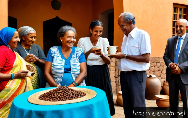 에리트레아 독특한 이름 짓기 풍습 - Photorealistic Eritrean family naming celebration in a sunlit Asmara courtyard, grandparents and par...