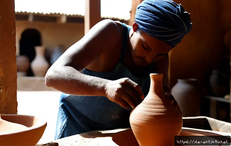 에리트레아 도자기 공예 - Photorealistic Eritrean ceramic artisan shaping a warm terracotta water jar on a traditional pottery...